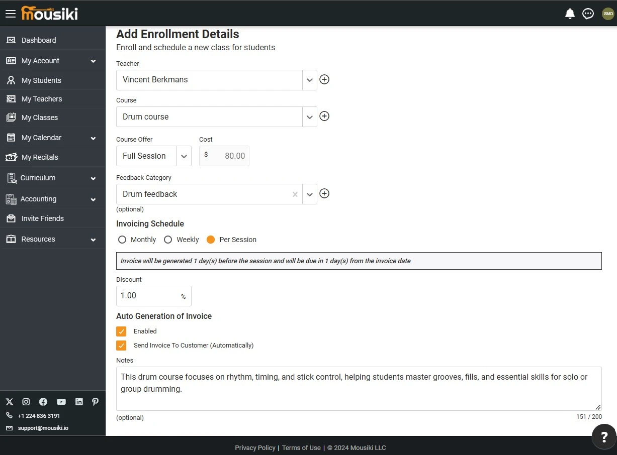 Add new music student enrollments