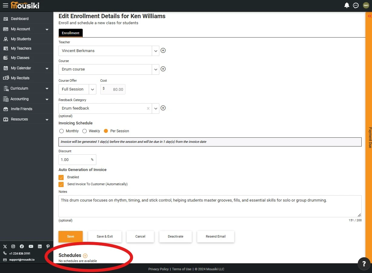Manage schedules for music classes