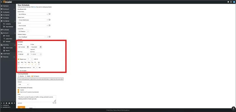 Schedule music lessons by date and time