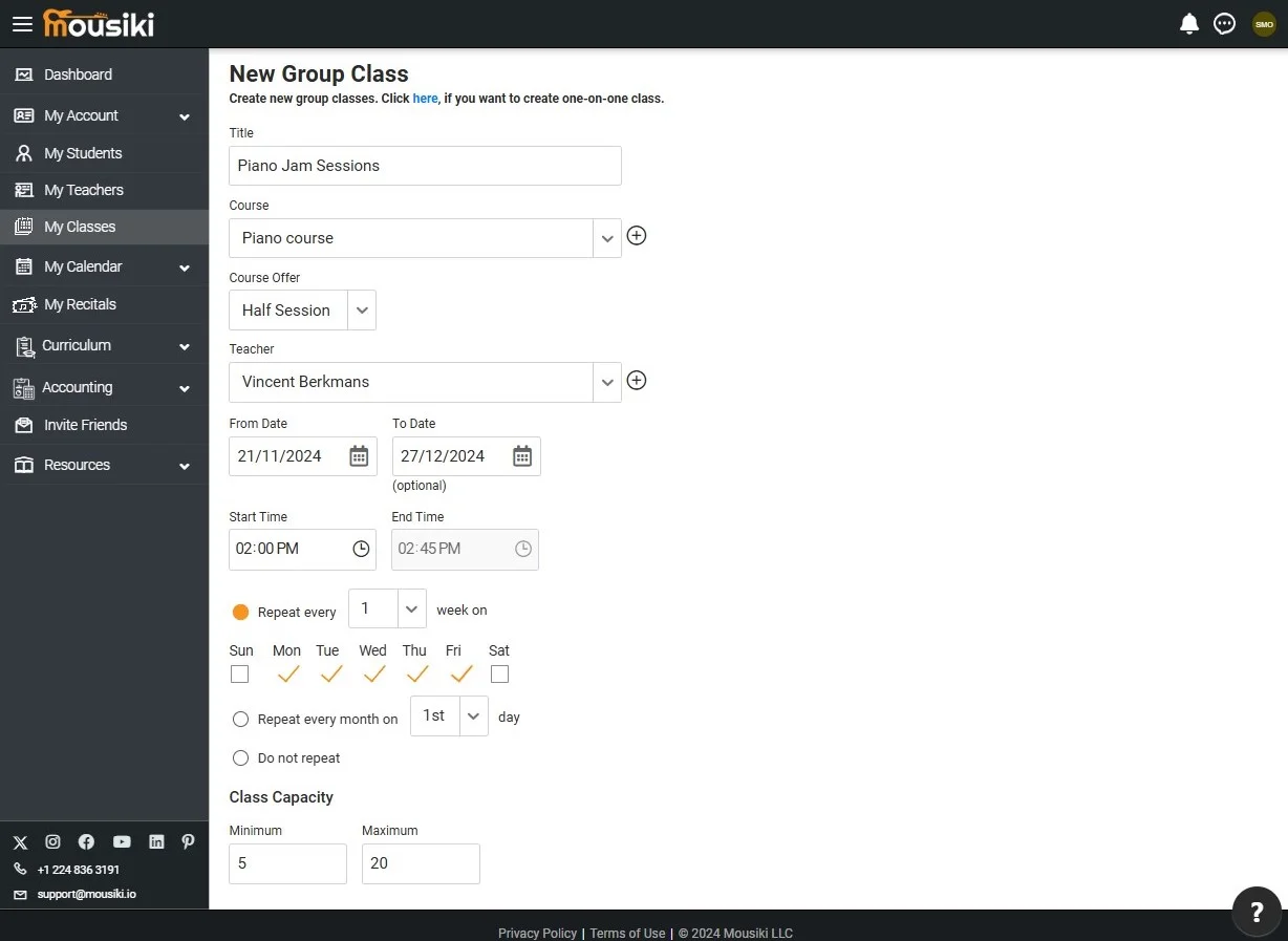 Customize group music class setup