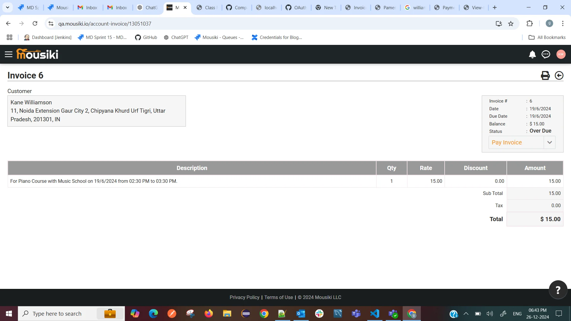 View music class invoice details