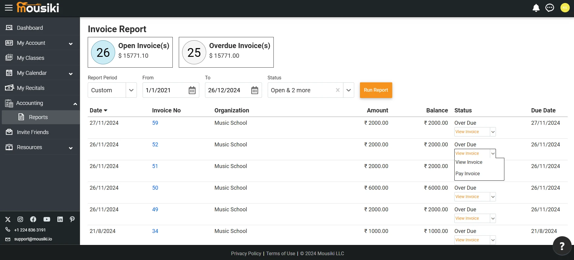 List of music school invoices