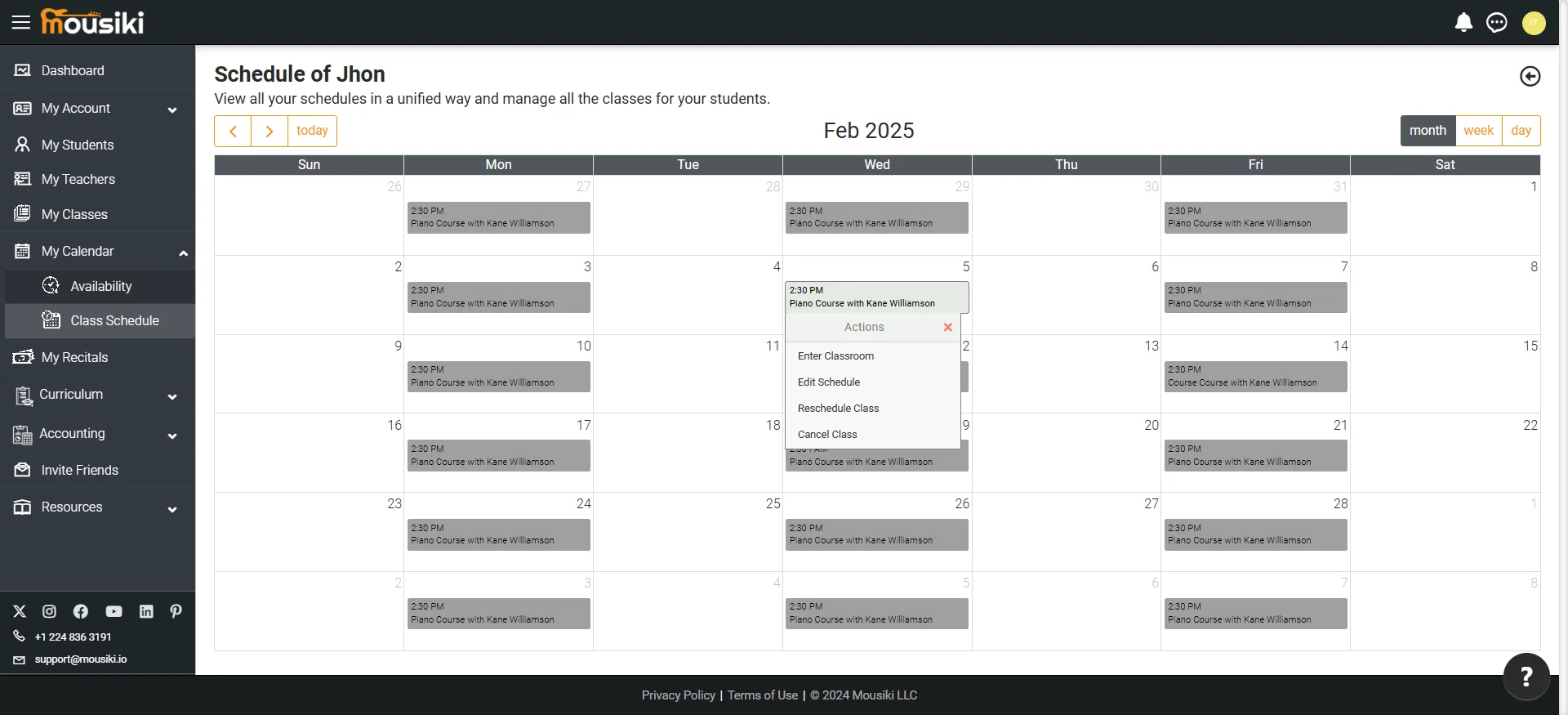 Edit or cancel online music class sessions